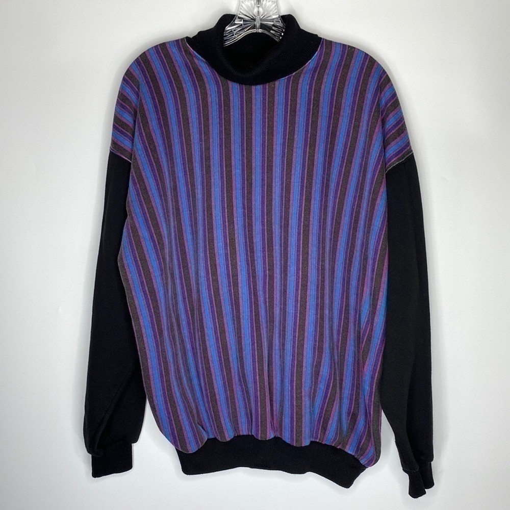 Vintage I.O.U Black Purple Blue Striped Turtleneck Sweatshirt Size XL